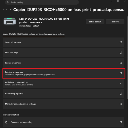 Open printing preferences